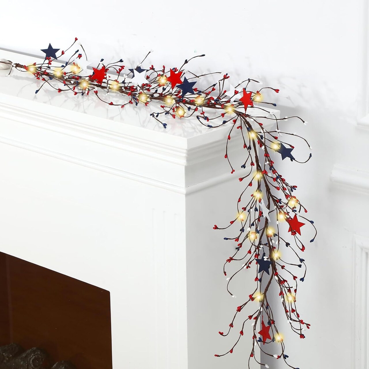 4.5-Foot Patriotic Garland for the 250th Independence Day Celebration, Featuring Red, White, and Blue Berry Branches with Metal Star Accents and 30 Fairy Lights — Ideal for 4th of July Door or Wall Décor